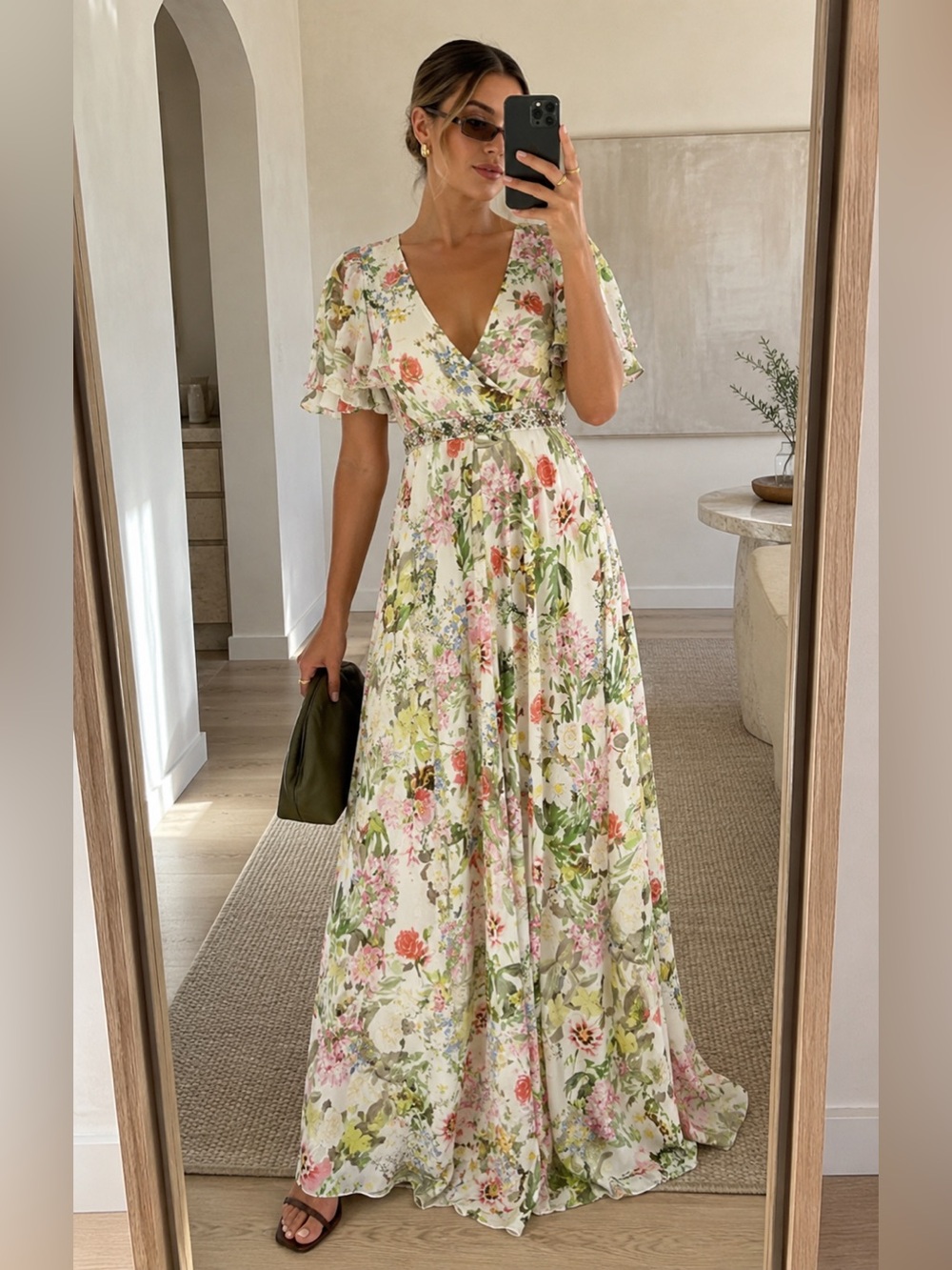 Mac Duggal Floral Maxi Dress Embellished Waist Size 10